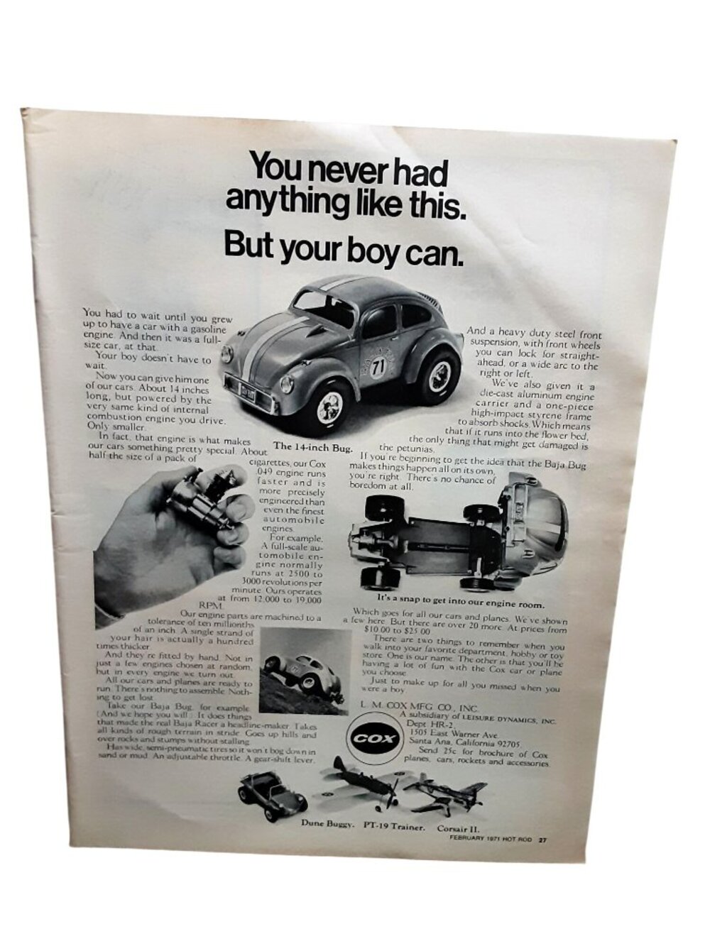 1971 Cox Baja Bug Toy Car Vintage Print Ad Volkswagen Beetle RC Style